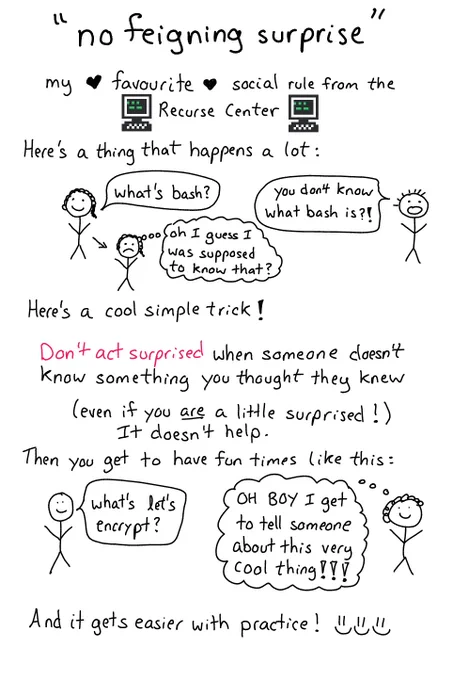 a summary of the "no feigning surprise" rule from http://recurse.com/manual