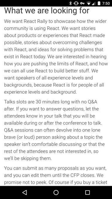 Screenshot from the React Rally CFP: "what we are looking for"