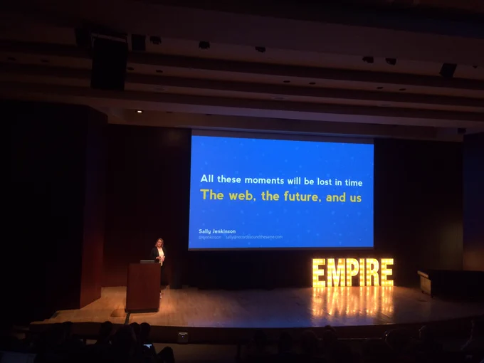 Speaker with the first slide of her talk entitled "All these moments will be lost in time: The web, the future, and us"