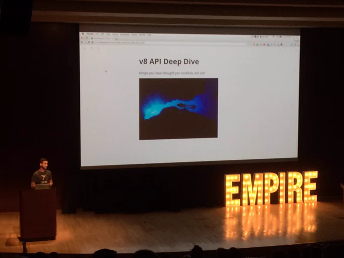 Speaker Thorsten on stage with the first slide in his talk entitled "v8 API Deep Dive"
