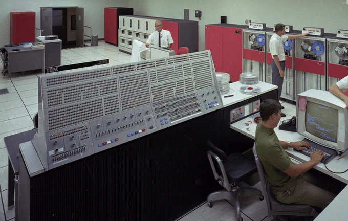 The IBM System/360 Model 91 filled a large room. Its complex control panel had over 1000 lights.
