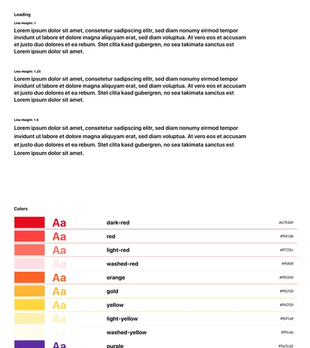 Screenshot of leading and color documentation