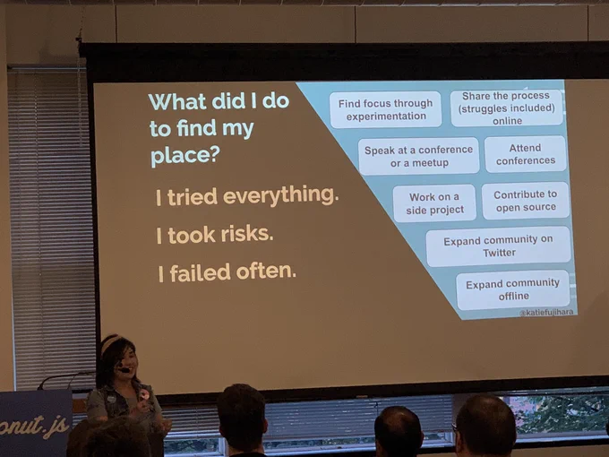 A speaker with a projection behind her. On the screen: “What did I do to find my place? I tried everything. I took risks. I failed often.”