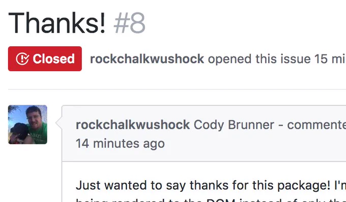 Screenshot of a thank you issue on GitHub