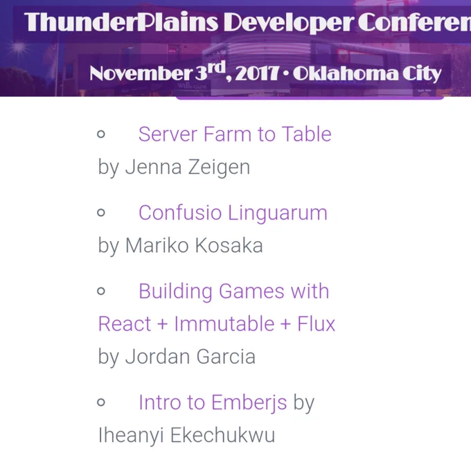Photo of conference venue in background. Image text reads, "Server Farm to Table by Jenna Zeigen, Confusio Linguarum by Mariko Kosaka Building Games with React + Immutable + Flux by Jordan Garcia, Intro to Ember by Iheanyi Ekechukwu."