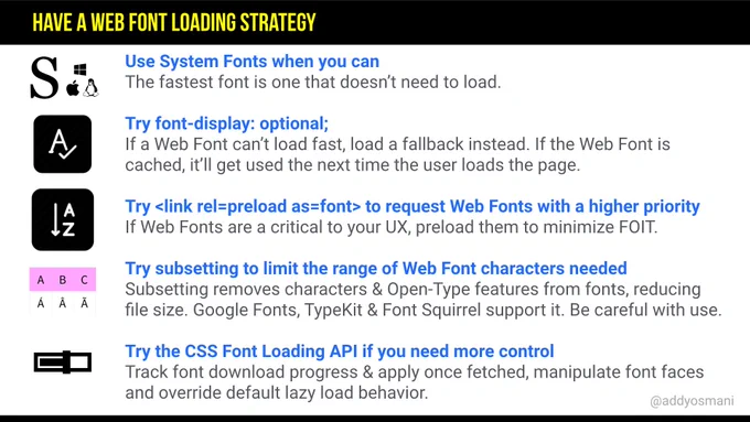 Use System Fonts where you can. Try font-display: optional. Try link rel preload to request Web Fonts with a higher priority. Try subsetting to limit the range of Web Font characters needed. Try the CSS Font Loading API if you need more control.