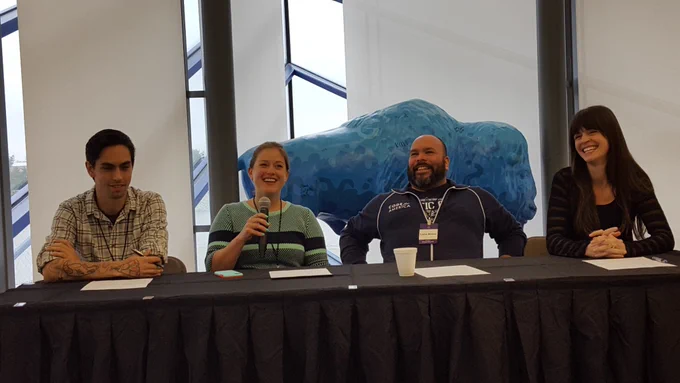2016 Civic Coding panelists answer audience questions. Pictured is Seth Edder (KS), Beth Knight (OK), Carlos Moreno (OK), and Catherine Lippert (OK).