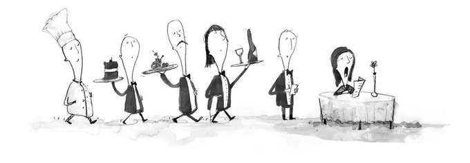 "Multiple requests" (an HTTP1 no-no) are illustrated via a customer in a restaurant speaking to a waiter while receiving individual deliveries of wine, salad, cake, and so on. Each request requires a different waiter to bring it, thus illustrating the concept of why multiple requests were inefficient (and non-performant) in HTTP1.