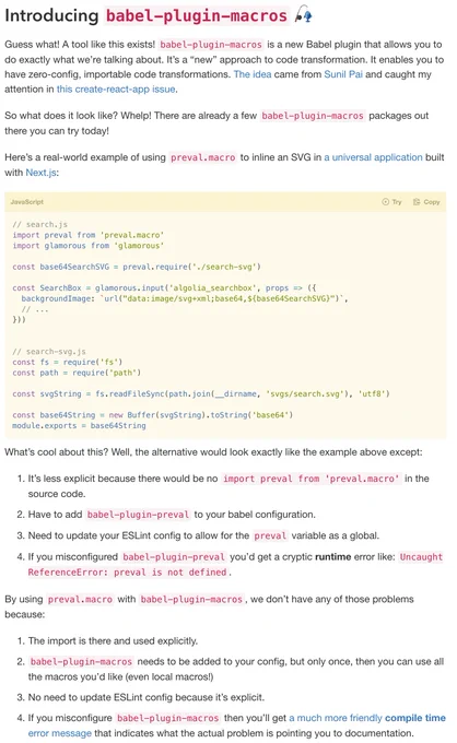 Screenshot of the paragraph from the blog post with the heading "Introducing babel-plugin-macros"