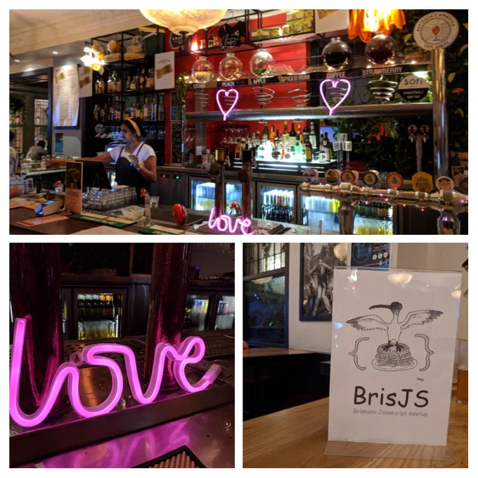 A collage; the bar decorated with love hearts, and a poster showing a BrisJS ibis standing on a full stack of pancakes (illustrated by Nathan Hoad)