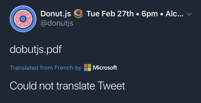 A screenshot of the previous tweet with ‘Translated from French by Microsoft. — Could not translate Tweet’