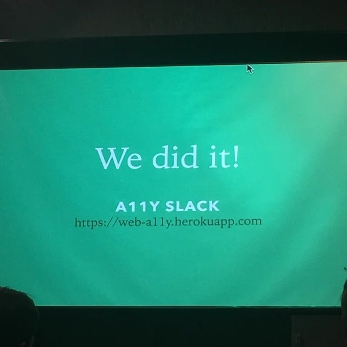 Last slide from accessibility presentation with link to slack: https://web-a11y.herokuapp.com