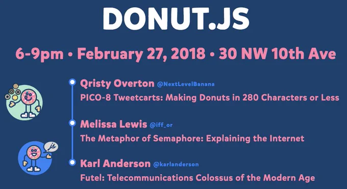 A screenshot of the Donut.js website: Donut.js • Tuesday, February 27th, 6pm at 30 NW 10th Ave, Alchemy Code Lab • Qristy Overton: PICO-8 Tweetcarts: Making Donuts in 280 Characters or Less • Melissa Lewis: The Metaphor of Semaphore: Explaining the Internet • Karl Anderson: Futel: Telecommunications Colossus of the Modern Age