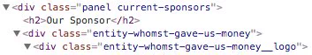 A screenshot of the HTML source of donutjs.club, which reveals an element with the HTML class "entity-whomst-gave-us-money."