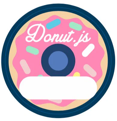 A donut-shaped Donut.js nametag sticker with the word ‘Donut.js’ at the top and a blank space on the bottom for writing a name. There is a line around the sticker indicating the place it should be cut.