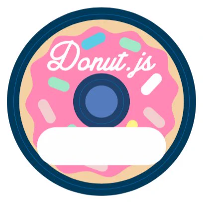 A donut-shaped Donut.js nametag sticker with the word ‘Donut.js’ at the top and a blank space on the bottom for writing a name. There is a line around the sticker and around the hole in the middle of the donut indicating the places that it should be cut.