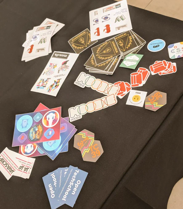 Table with various stickers.