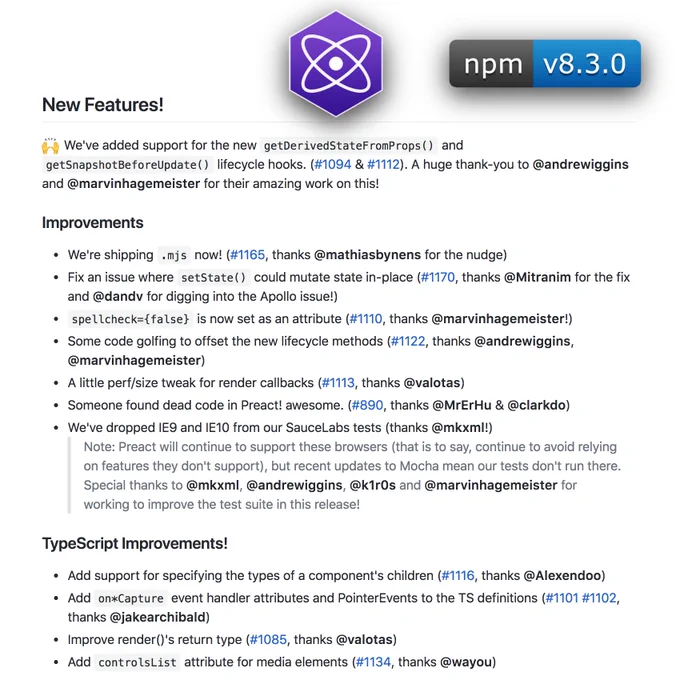 Preact 8.3.0 release notes (linked in tweet)