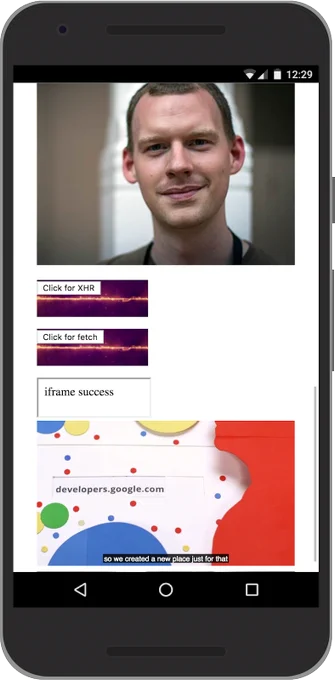 An <img>, two <p>s with background images and triggers for XMLHttpRequest or fetch(), an <iframe>, and a <video> with poster image and timed text track