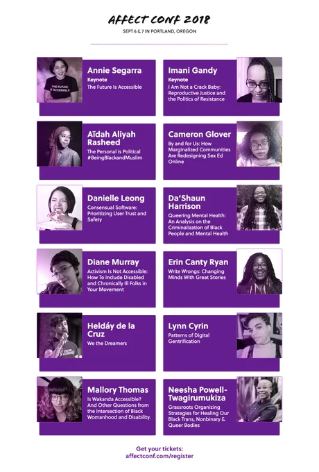 Poster of all 12 Affect Conf speaker and their talk titles. Also with info on our dates (Sept 6 & 7) and link to tickets: https://affectconf.com/register