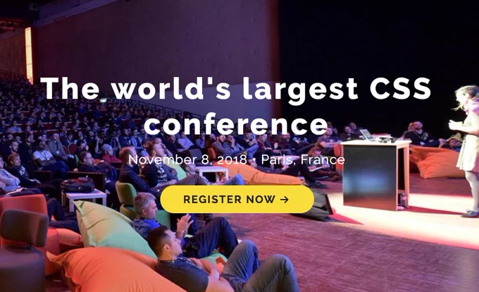 "world's largest CSS Conference" overlayed on a large auditorium with speaker