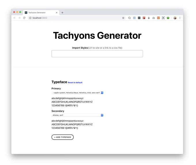 Screenshot of a GUI for a tachyons generator. Shows a text input and a way to customize typefaces.