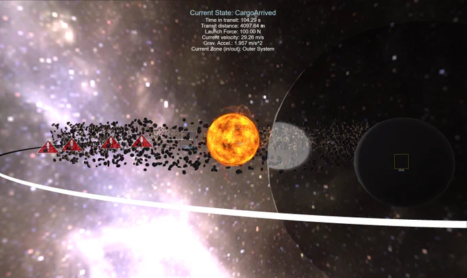 A dramatically framed screenshot showing the player's ballistic path through a hazardous system on it's way towards (or in this case, past) their destination