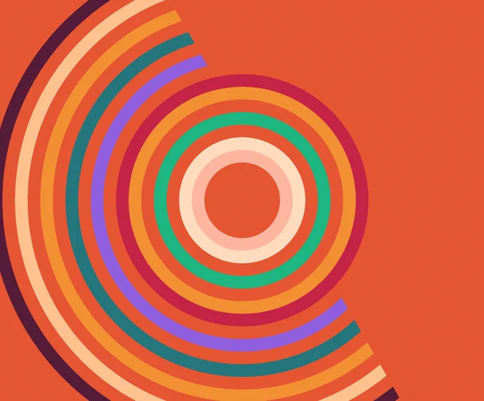 Generative gradient made with CSS. It features repeating circles of colors overlapping on top of each other. The same orange color alternates every 1 to 2 stripes.