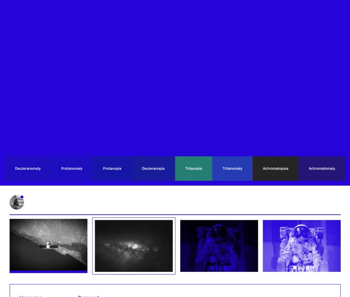 Preview of the color blue in various contexts to show how it might be used in digital design for image borders, notification badges, and typography
