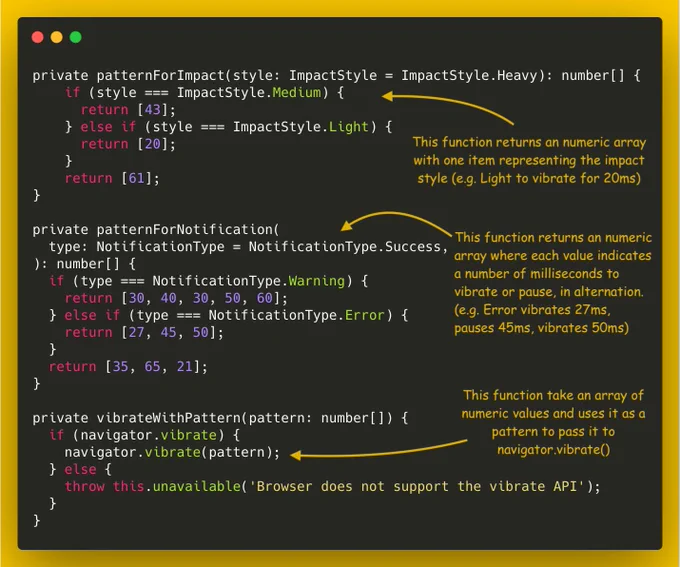 an example code from Capacitorjs source code demonstrating how to use navigator.vibrate web api.