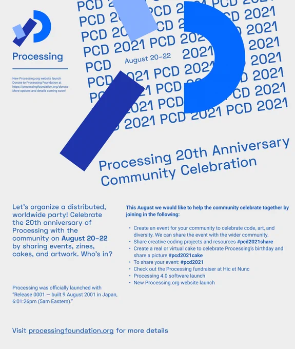 A flyer for Processing's 20th anniversary celebration. All the information can be found at https://processingfoundation.org/advocacy/pcd-2021