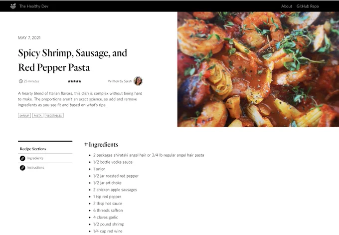 recipe page for spicy shrimp, sausage, and red pepper pasta