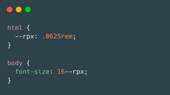The following CSS:

```
html {
	--rpx: .0625rem;
}

body {
	font-size: 16--rpx;
}
```