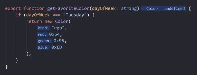 A preview of inlay hints in Visual Studio Code. The code instantiates a 'Color' class and gets inlay hints for the parameters. 