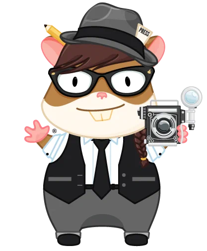 Zoey (an anthropomorphized hamster) wears a traditional journalist outfit of grey pants, white shirt, button up vest and fedora. She's smiling and waving, with an old-fashioned camera in her left hand. 