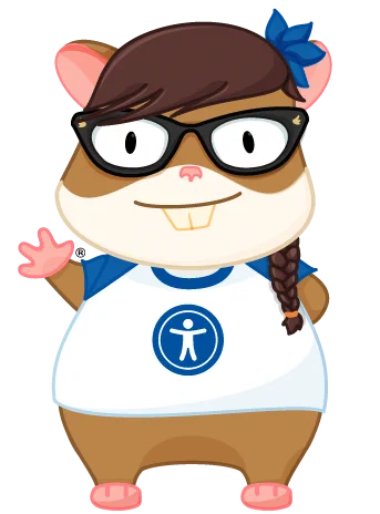 Zoey, one of the Ember Mascots, smiles and waves while wearing a t-shirt with the universal access logo on the front.