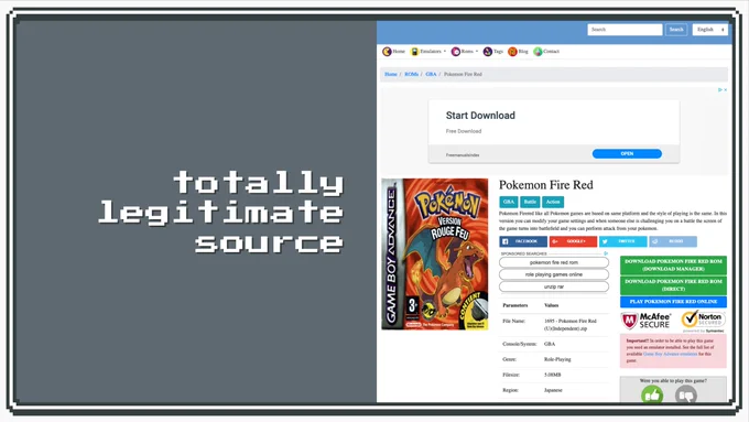 screenshot of a sketchy-looking ROM download site with the caption "totally legitimate source"