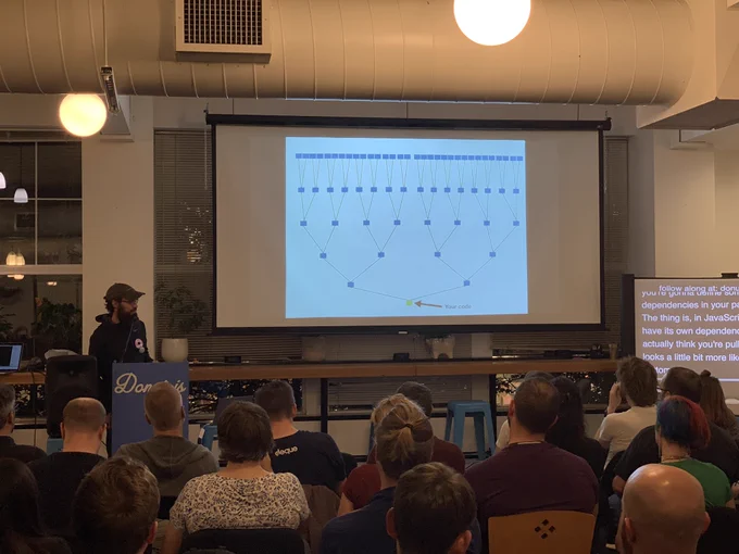 ‪A person giving a talk at a podium in front to a room full of people in chairs. Behind the speaker is a projector screen with ‬a diagram showing the vast amount of dependencies in a typical web application.