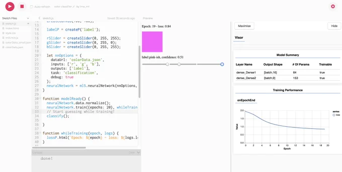 Screenshot of p5.js web editor training a model on a JSON dataset.