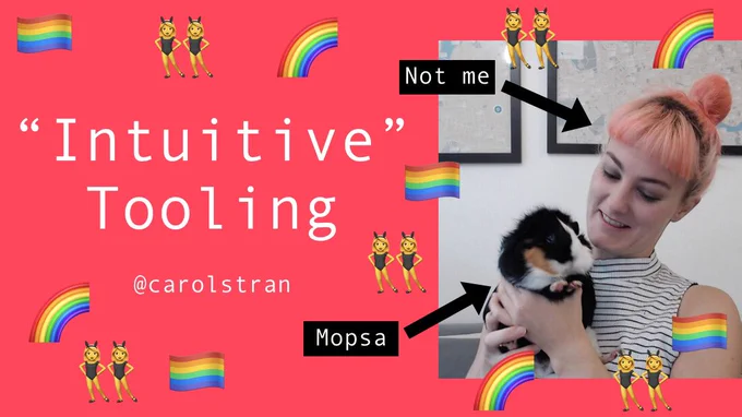 My title slide with a photo of Kate with lots of rainbow and dancer emojis.