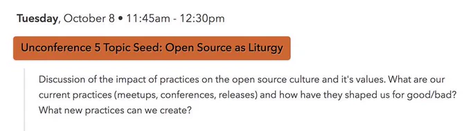 Discussion of the impact of practices on the open source culture and it's values. What are our current practices (meetups, conferences, releases) and how have they shaped us for good/bad? What new practices can we create?