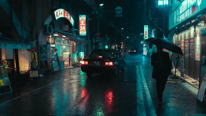 Photography by Liam Wong of Tokyo at night captured during a typhoon. The silhouette of a man carrying an umbrella walking towards the camera as a taxi drives away. It is teal and blue in color with red highlights. It is along a large overhead train station with restaurants under the arch.