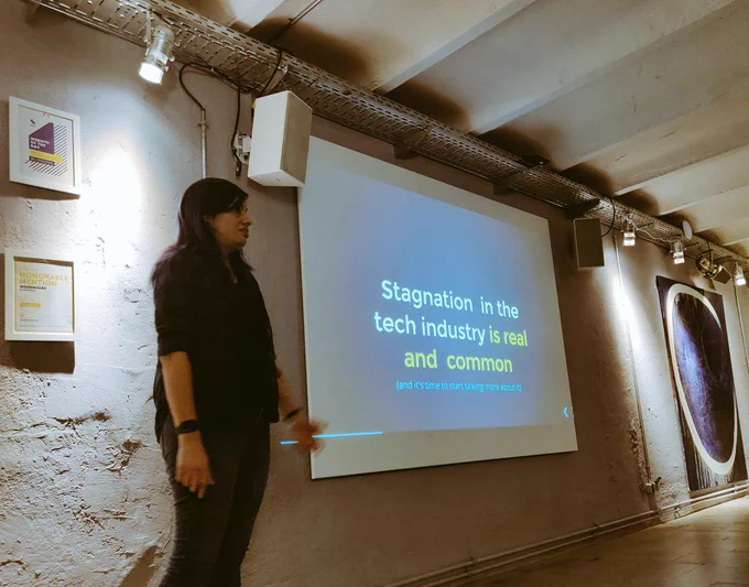 Slide saying stagnation in tech industry is real  and common