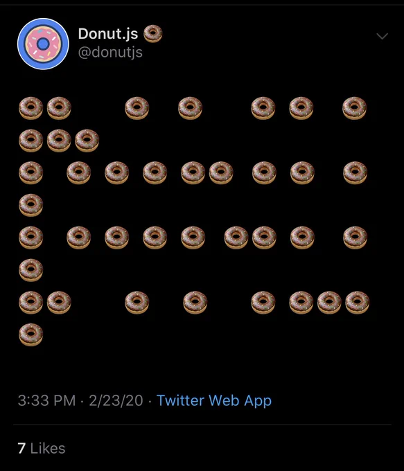 Screenshot of mobile twitter app showing a tweet from @donutjs that is just a string of donuts in no discernible pattern