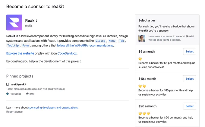 Screenshot of github.com/sponsors/reakit