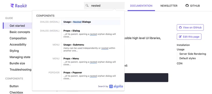 Screenshot of the Reakit website focusing the search field on the header with the term "nested", and a dropdown with the results.