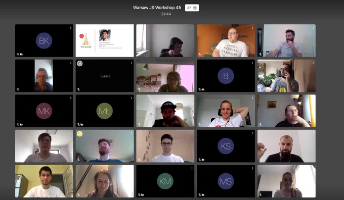 Participants of the WarsawJS online JavaScript workshop by Piotr Szlachciak from Ethworks