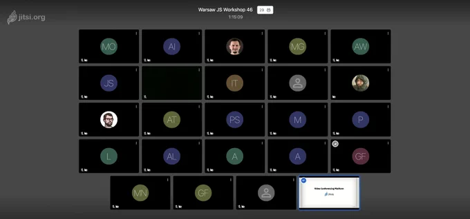 Screenshot from Jitsi room. WarsawJS Workshop 29 people present in the room, below on the right: Logo if Jitsi.org