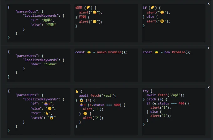 Grid showing different source files, using chinese, spanish, and emojis and having corresponding configs that allow using different JavaScript keywords, for example "new" as "nuevo"