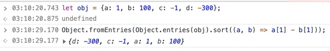 Console screenshot that runs this snippet on let obj = {a: 1, b: 100, c: -1, d: -300};